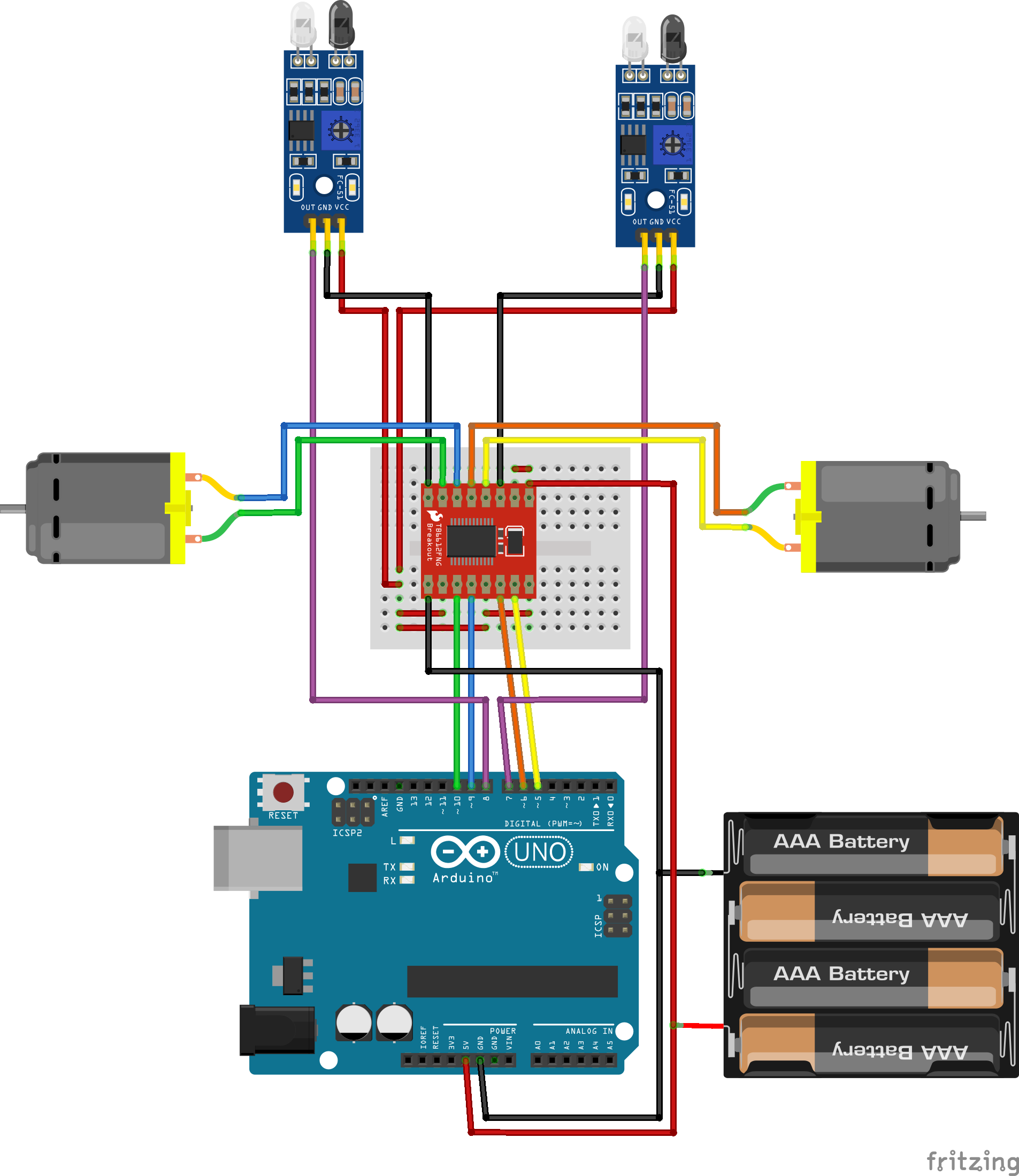 BB2B with Arduino Uno, infrared obstacle detectors and a TB6612 motor controller
