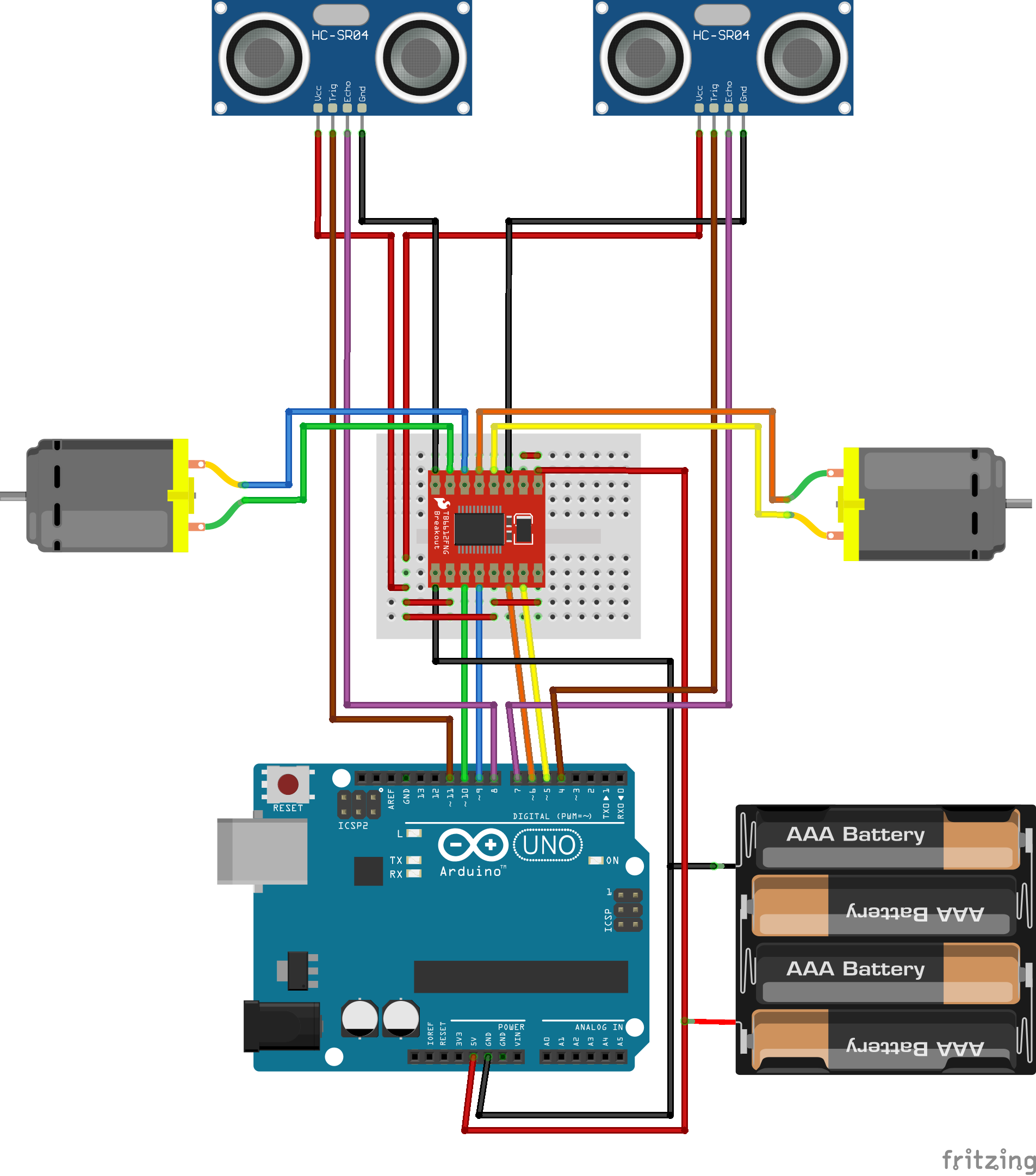 BB2B with Arduino Uno, ultrasonic sensors and a TB6612 motor controller